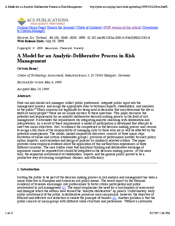(PDF) A model for an analytic-deliberative process in risk management