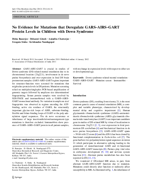 (PDF) No Evidence for Mutations that Deregulate GARS–AIRS–GART Protein ...