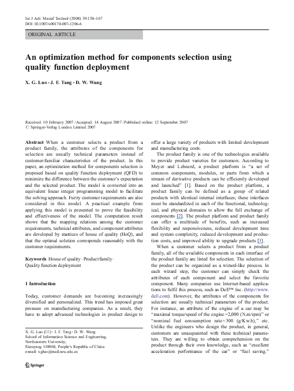 (PDF) An optimization method for components selection using quality ...