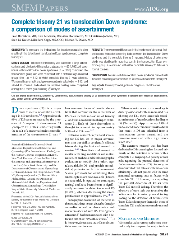 (PDF) Complete trisomy 21 vs translocation Down syndrome a comparison