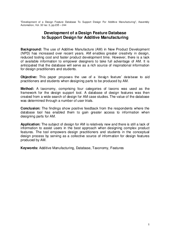 (PDF) Development of a Design Feature Database to support Design for ...