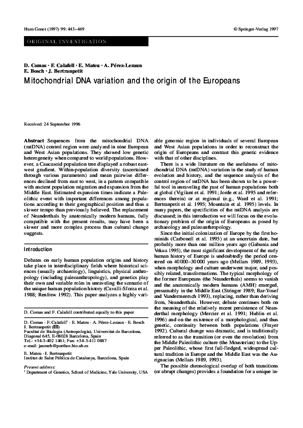 (PDF) Mitochondrial DNA variation and the origin of the Europeans