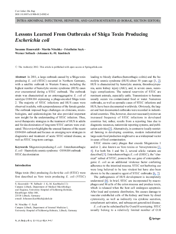 (PDF) Lessons Learned From Outbreaks of Shiga Toxin Producing ...