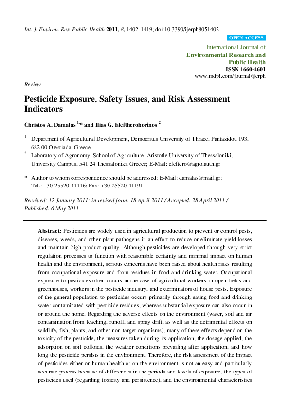 (PDF) Pesticide Exposure, Safety Issues, and Risk Assessment Indicators