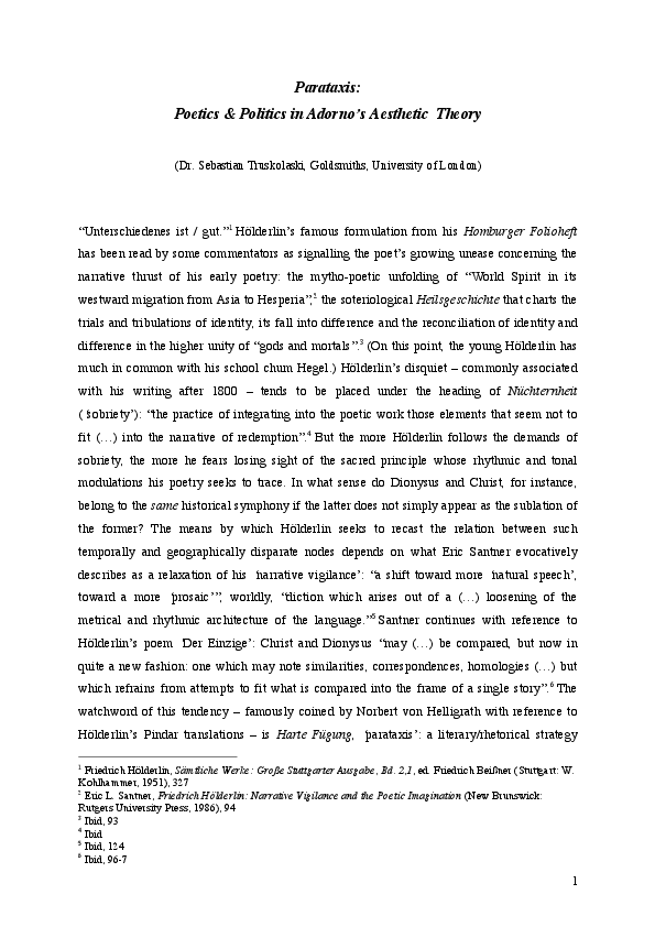 (PDF) Parataxis Poetics and Politics in Adorno's Aesthetic Theory