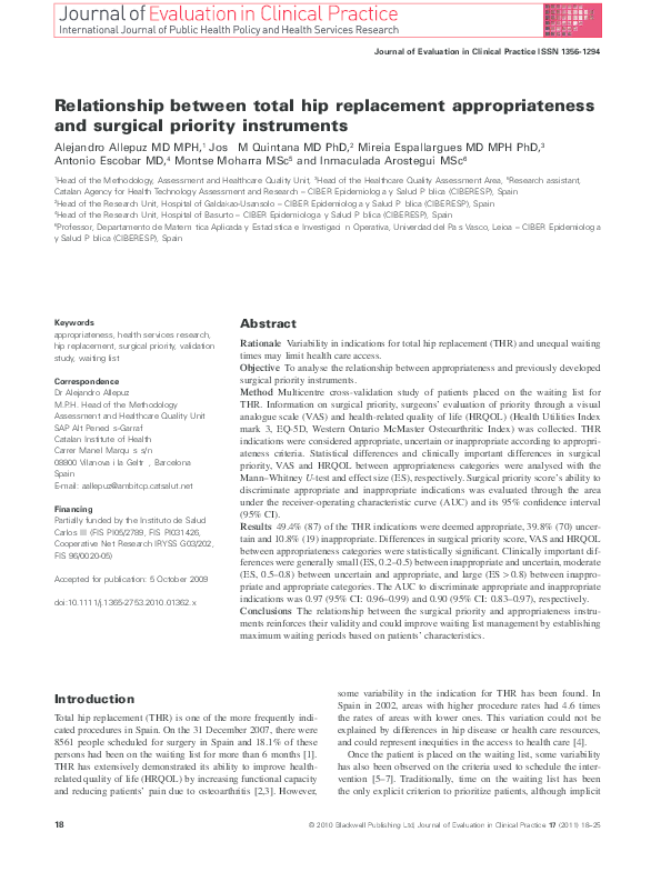 (PDF) Relationship between total hip replacement appropriateness and ...