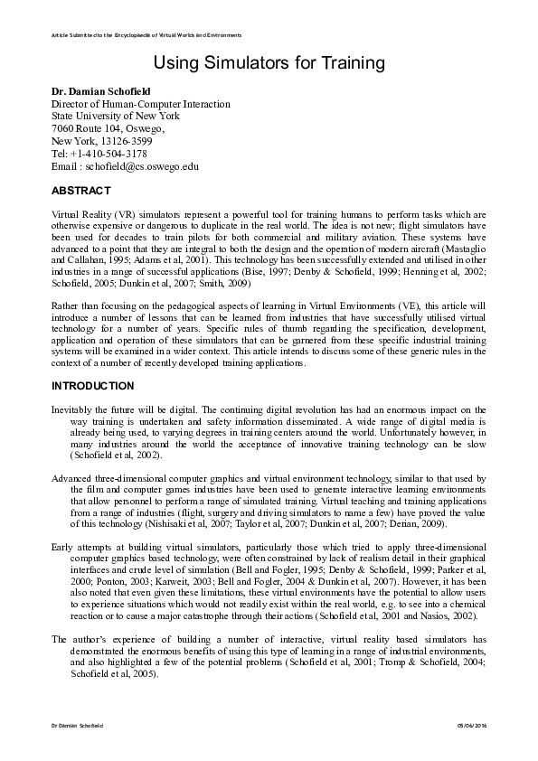 (DOC) Using Simulators for Training Damian Schofield Academia.edu