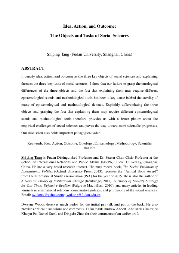 (PDF) Idea, Action, and Outcome: The Objects and Tasks of Social Sciences