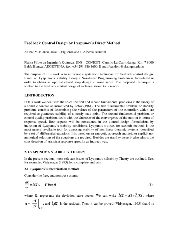 (PDF) Feedback control design by Lyapunov's direct method Anibal