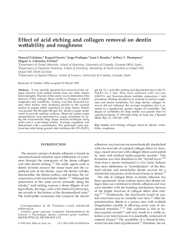 (PDF) Effect of acid etching and collagen removal on dentin wettability and roughness Juan