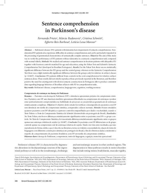  PDF Sentence Comprehension In Parkinson s Disease Let cia Mansur Academia edu