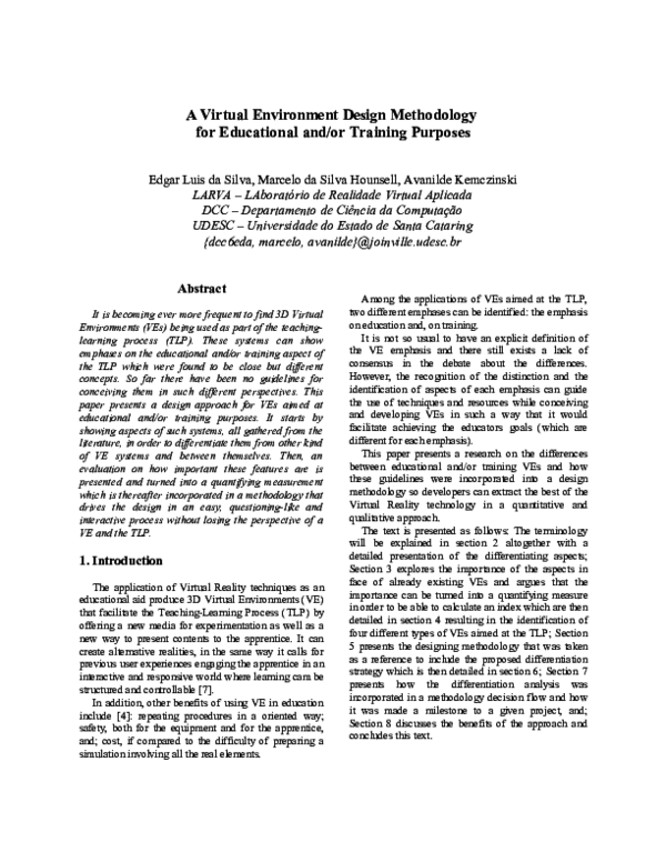 (PDF) A Virtual Environment Design Methodology for Educational and/or ...