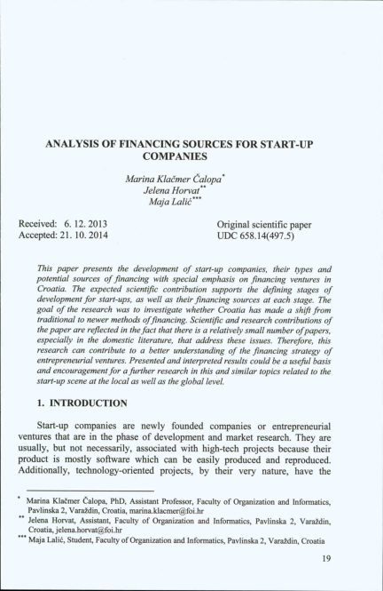 (PDF) ANALYSIS OF FINANCING SOURCES FOR START-UP COMPANIES
