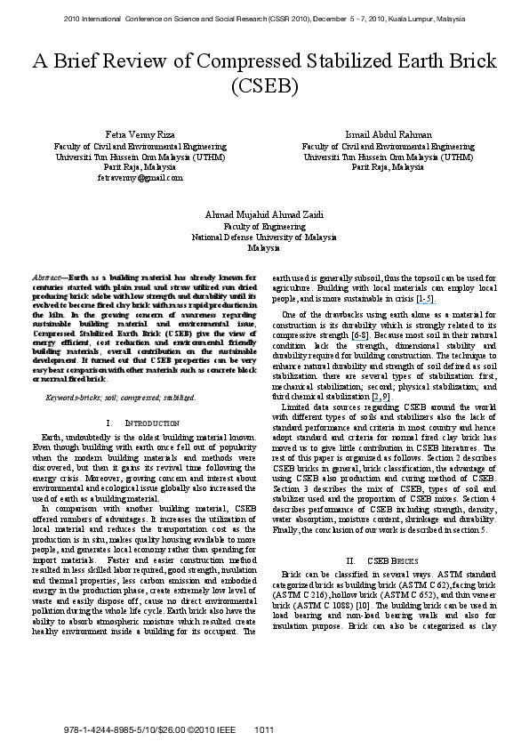 (PDF) A brief review of Compressed Stabilized Earth Brick (CSEB)