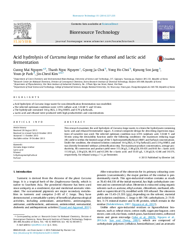 (PDF) Acid hydrolysis of Curcuma longa residue for ethanol and lactic ...