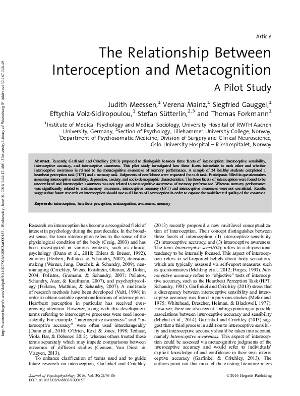 (PDF) The Relationship Between Interoception and Metacognition A Pilot ...