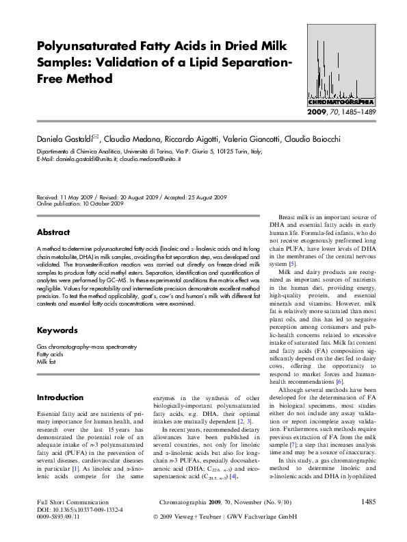 (PDF) Polyunsaturated Fatty Acids in Dried Milk Samples Validation of