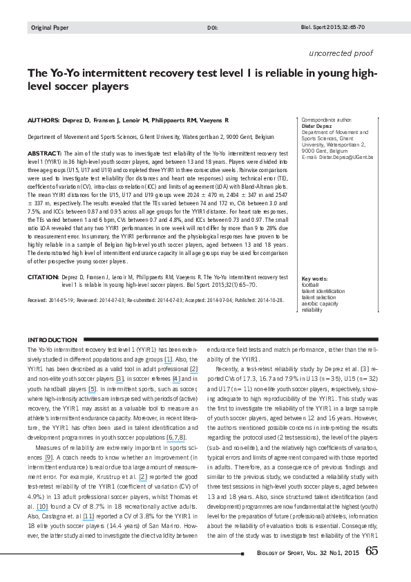 (PDF) The Yo-Yo Intermittent Recovery test level 1 is reliable in young ...