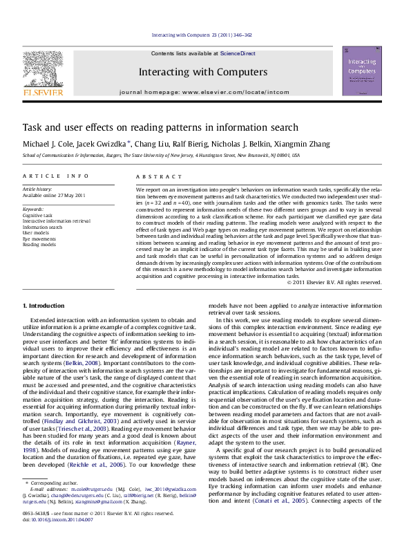 (PDF) Task and user effects on reading patterns in information search