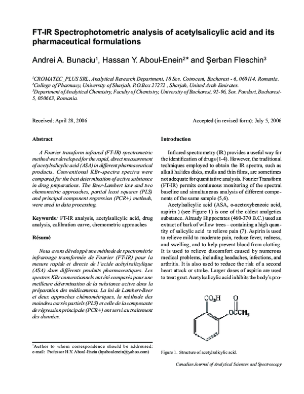 (PDF) FTIR Spectrophotometric analysis of acetylsalicylic acid and its