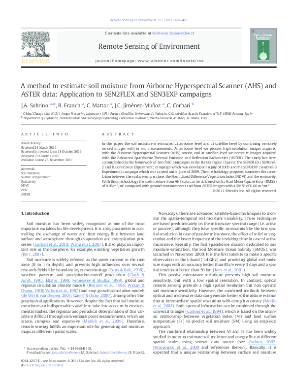 (PDF) A method to estimate soil moisture from Airborne Hyperspectral ...