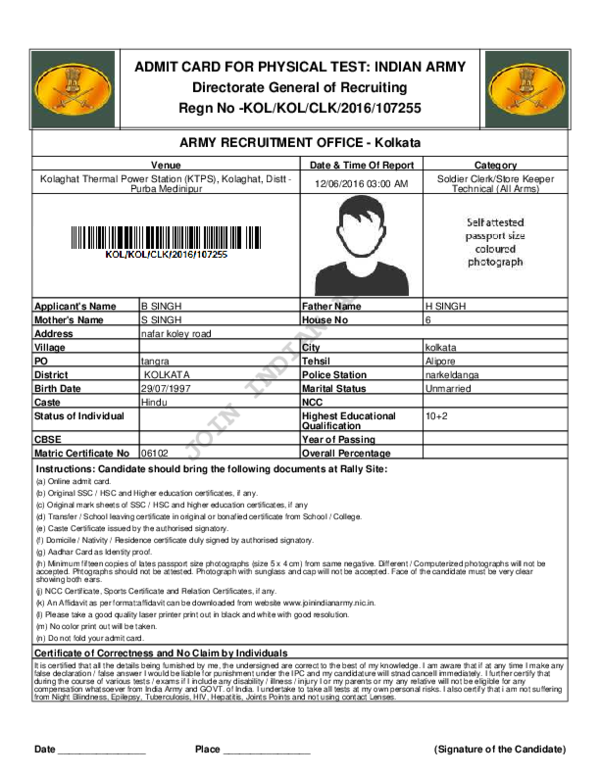 (PDF) ADMIT CARD FOR PHYSICAL TEST INDIAN ARMY Directorate General of