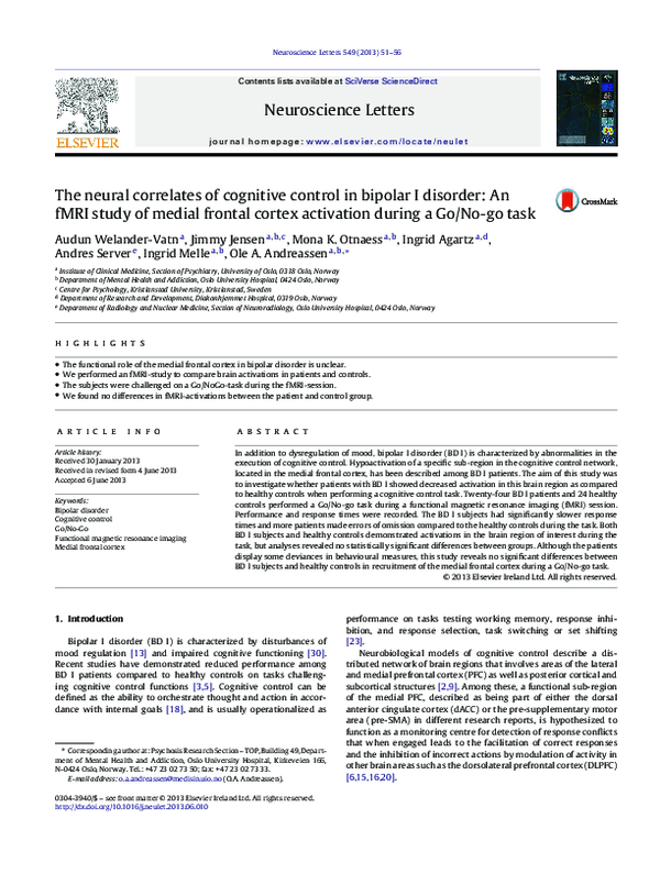(PDF) The neural correlates of cognitive control in bipolar I disorder ...