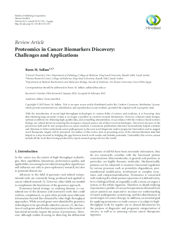 (PDF) Proteomics in Cancer Biomarkers Discovery: Challenges and ...