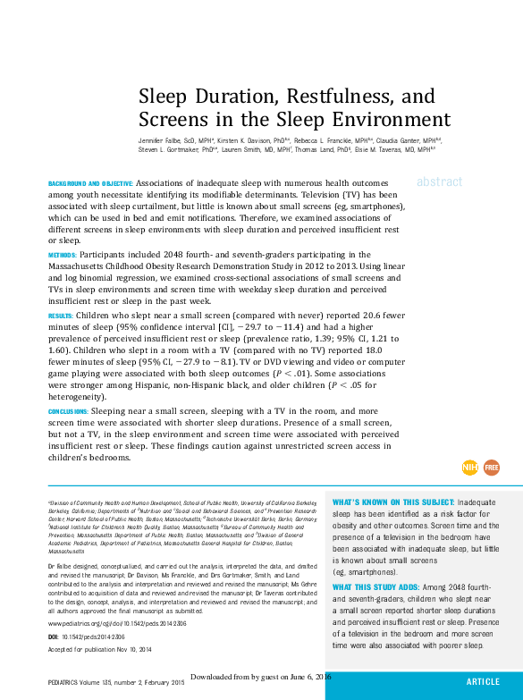 (PDF) Sleep Duration, Restfulness, and Screens in the Sleep Environment