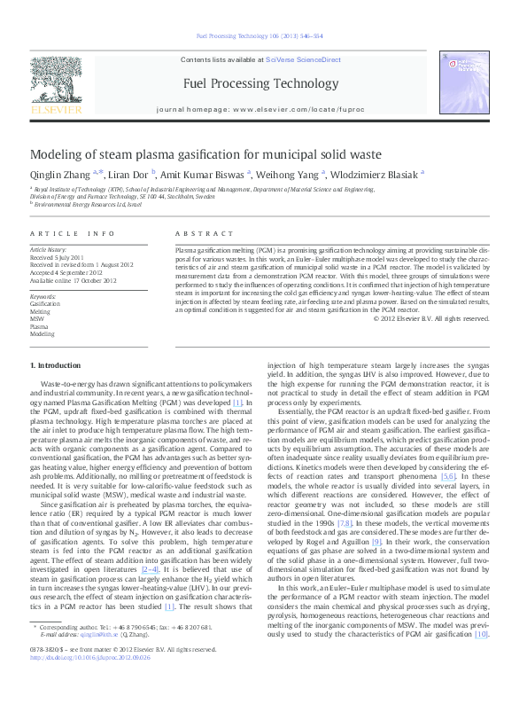 (PDF) Modeling of steam plasma gasification for municipal solid waste