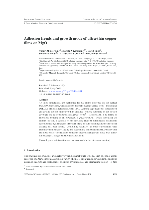 (PDF) Adhesion trends and growth mode of ultra-thin copper films on MgO