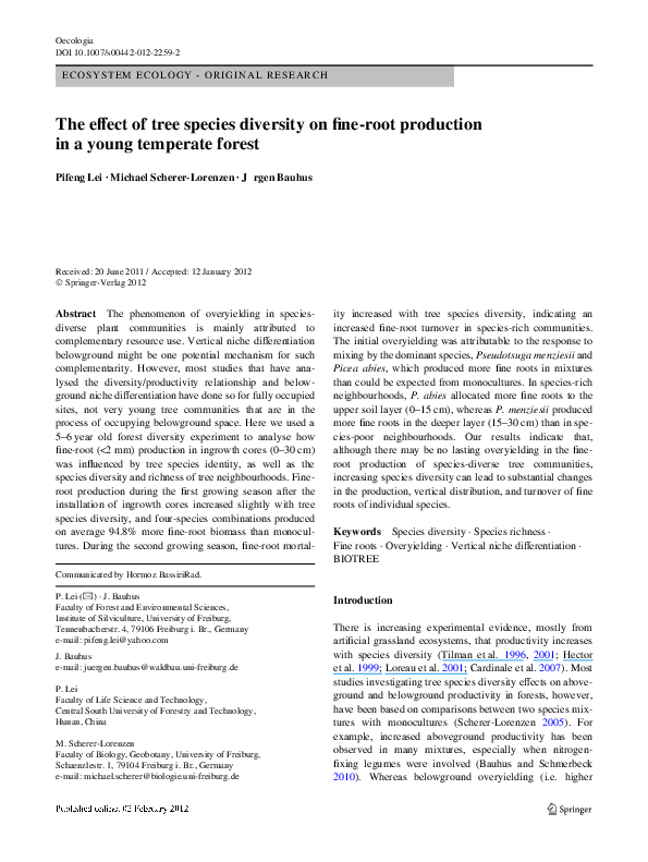 (PDF) The effect of tree species diversity on fineroot production in a
