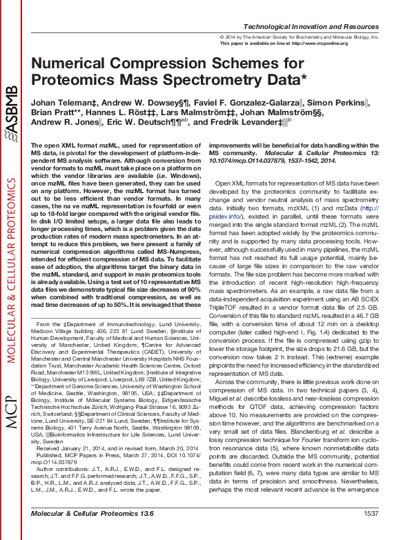 (PDF) Numerical compression schemes for proteomics mass spectrometry data