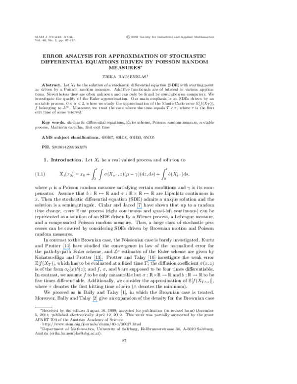 (PDF) Error Analysis for Approximation of Stochastic Differential ...