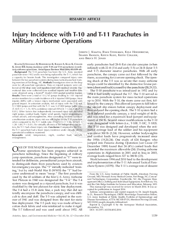 (PDF) Injury Incidence with T-10 and T-11 Parachutes in Military ...