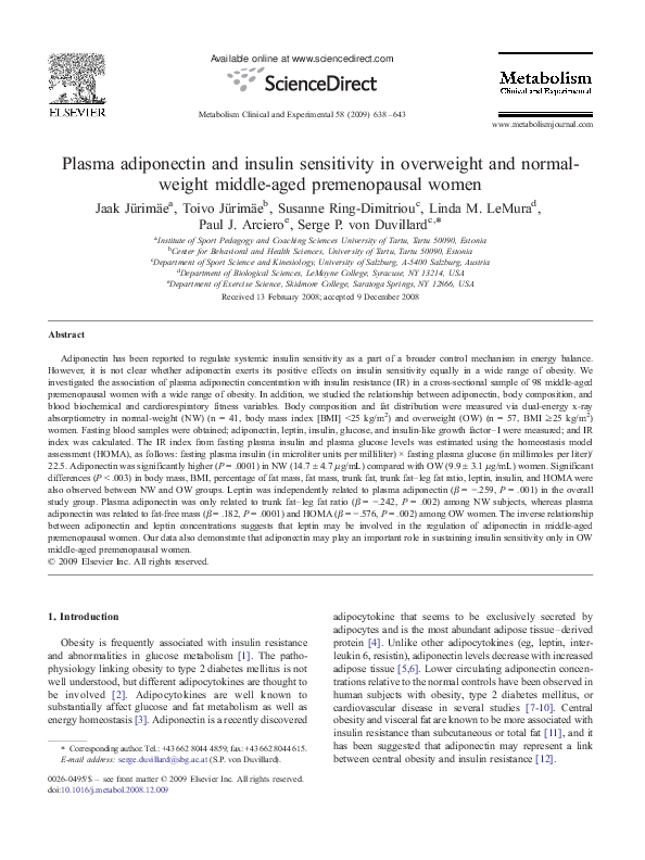 (PDF) Plasma adiponectin and insulin sensitivity in overweight and ...