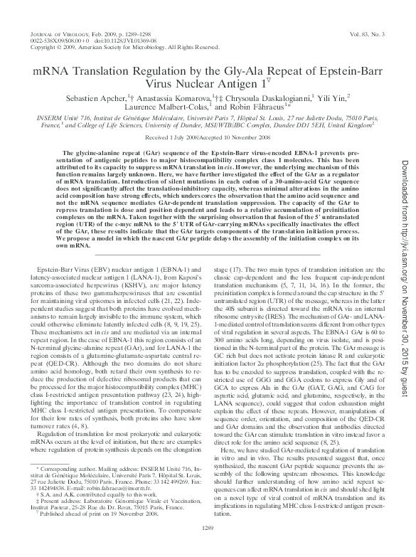 (PDF) mRNA Translation Regulation by the Gly-Ala Repeat of Epstein-Barr ...
