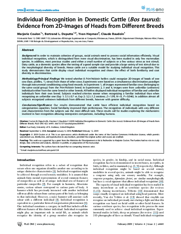 (PDF) Individual Recognition in Domestic Cattle (Bos taurus): Evidence ...