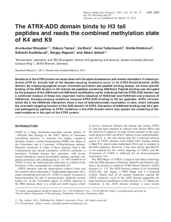 (PDF) The ATRX-ADD domain binds to H3 tail peptides and reads the ...