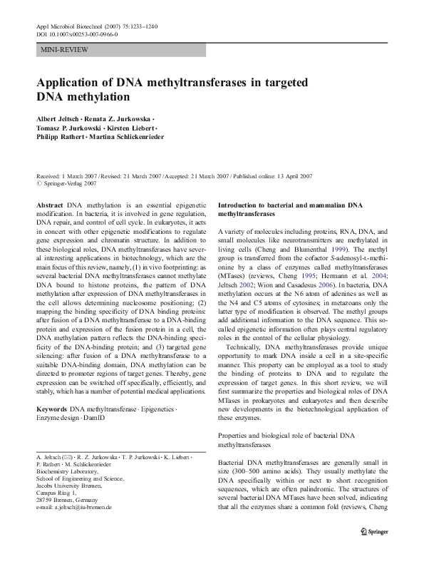 (PDF) Application of DNA methyltransferases in targeted DNA methylation