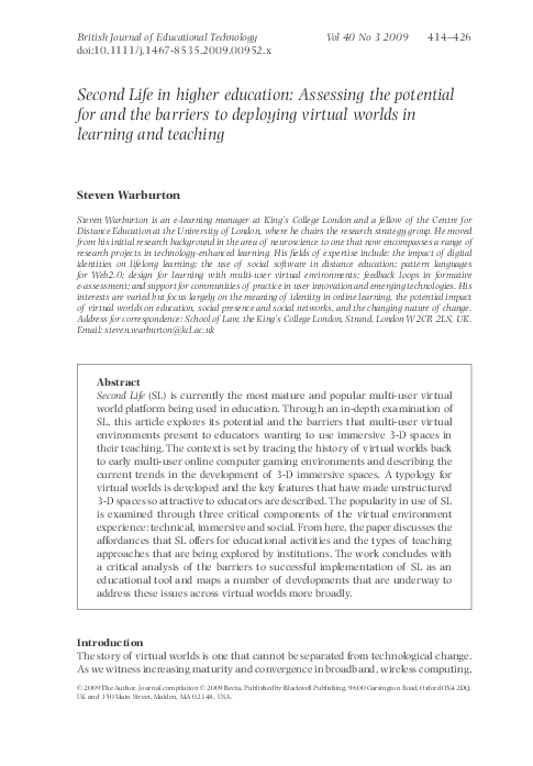 (PDF) Second Life in higher education: Assessing the potential for and ...