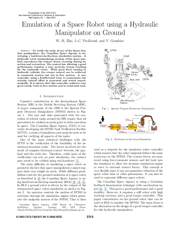 (PDF) Emulation of a space robot using a hydraulic manipulator on ground