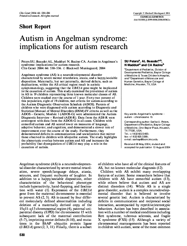 (PDF) Autism in Angelman syndrome implications for autism research