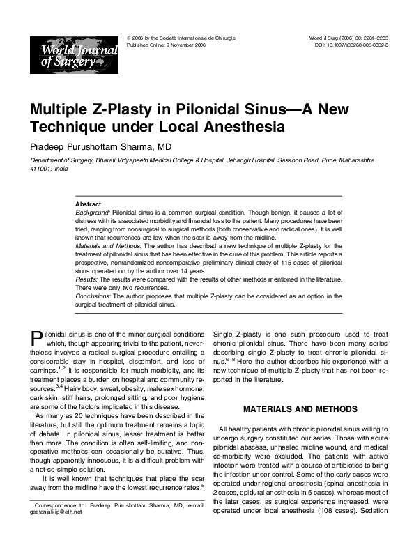 (PDF) Multiple ZPlasty in Pilonidal Sinus—A New Technique under Local Anesthesia pradeep