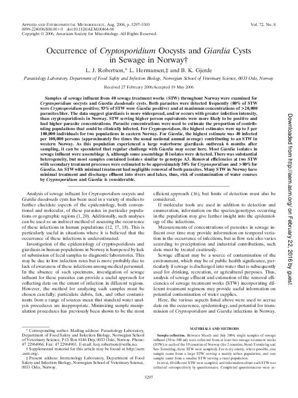 (PDF) Occurrence of Cryptosporidium oocysts and Giardia cysts in raw ...