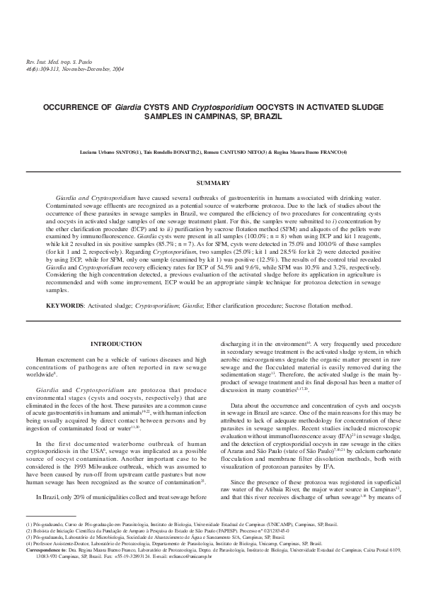 (PDF) Occurrence of Giardia Cysts and Cryptosporidium Oocysts In ...