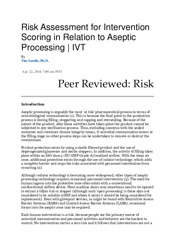 (PDF) Risk Assessment for Intervention Scoring in Relation to Aseptic ...