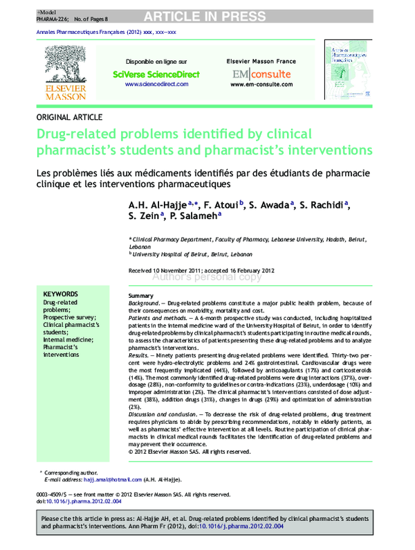 (PDF) Drug-related problems identified by clinical pharmacist's ...