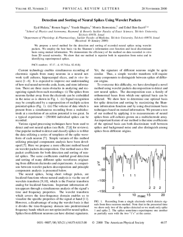 (PDF) Detection and Sorting of Neural Spikes Using Wavelet Packets
