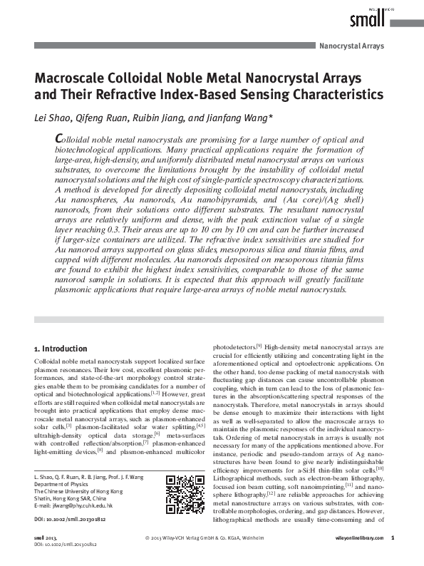 (PDF) Macroscale Colloidal Noble Metal Nanocrystal Arrays and Their ...
